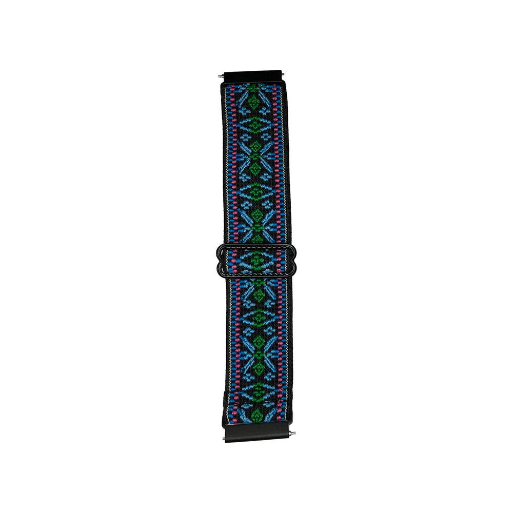 Black elasticated watch strap for Synapptic smartwatch with embroidered pattern in dark blue, light blue, green and pink