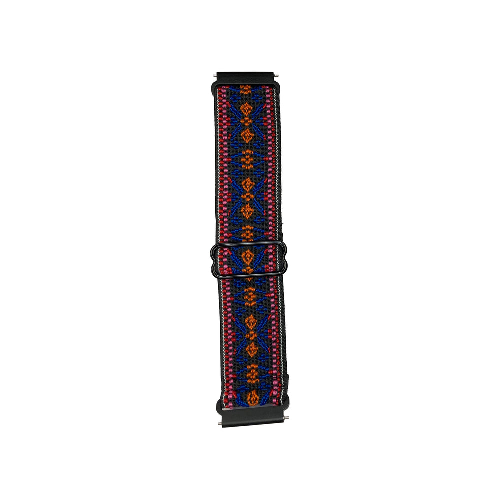 Black elasticated watch strap for Synapptic smartwatch with embroidered pattern in dark blue, orange, red and pink.