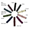 Ten elasticated watch straps radiating out in a circle, each with the colour name as a text label