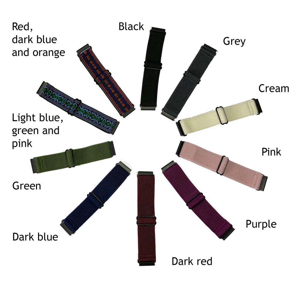 Ten elasticated watch straps radiating out in a circle, each with the colour name as a text label