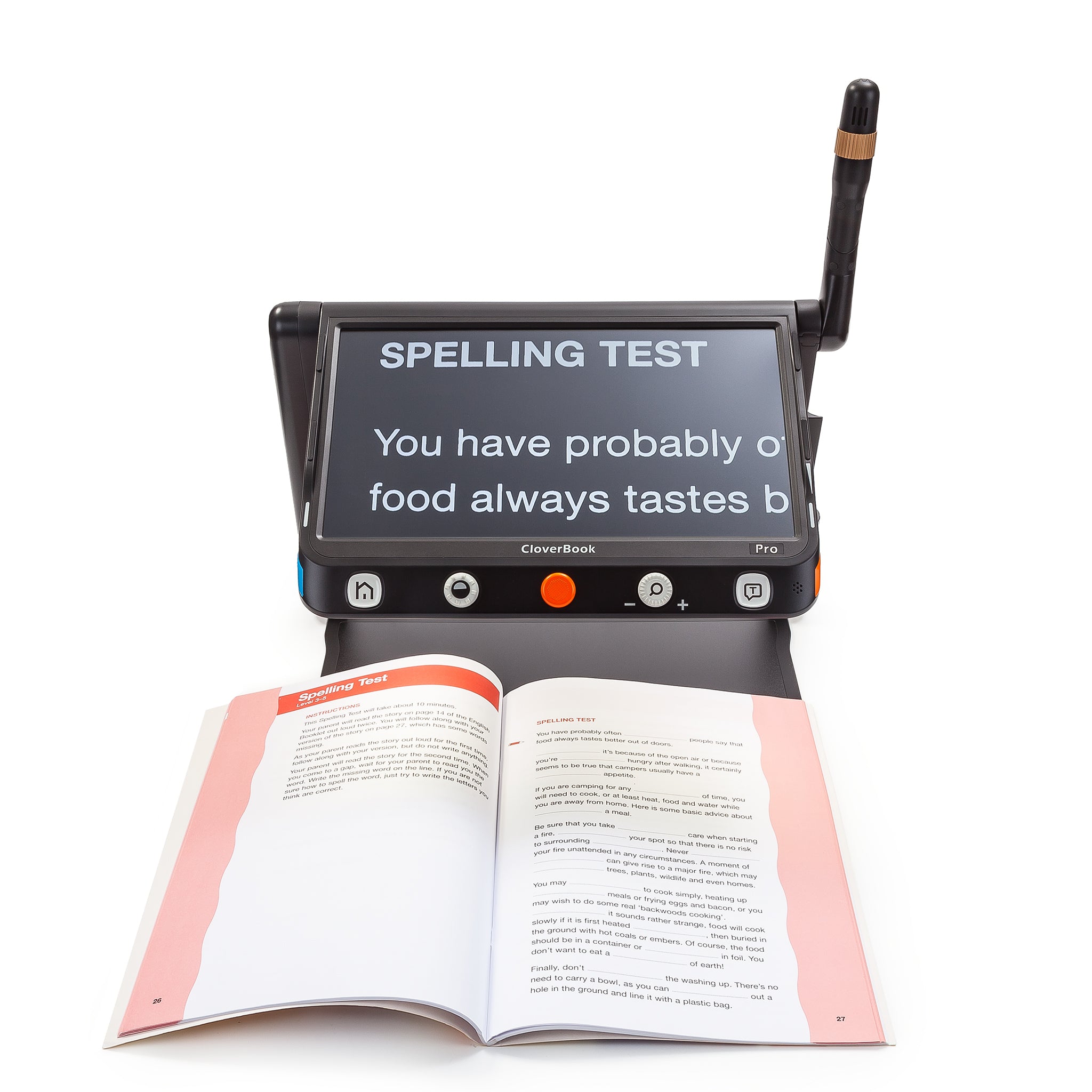 CloverBook Pro being used to scan an open book. The text on screen is white and the text background is black.