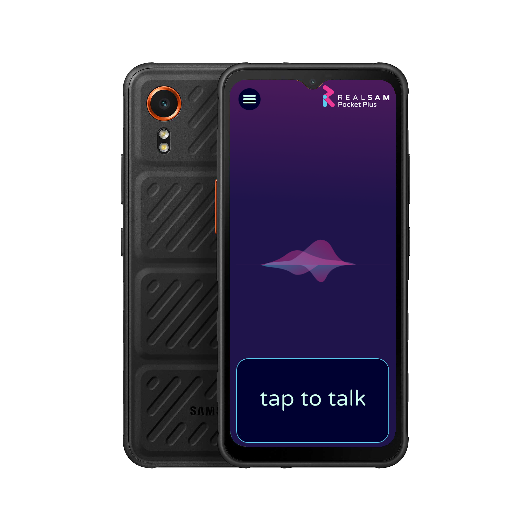 Phone with a screen displaying the RealSAM Pocket Plus app on a white background