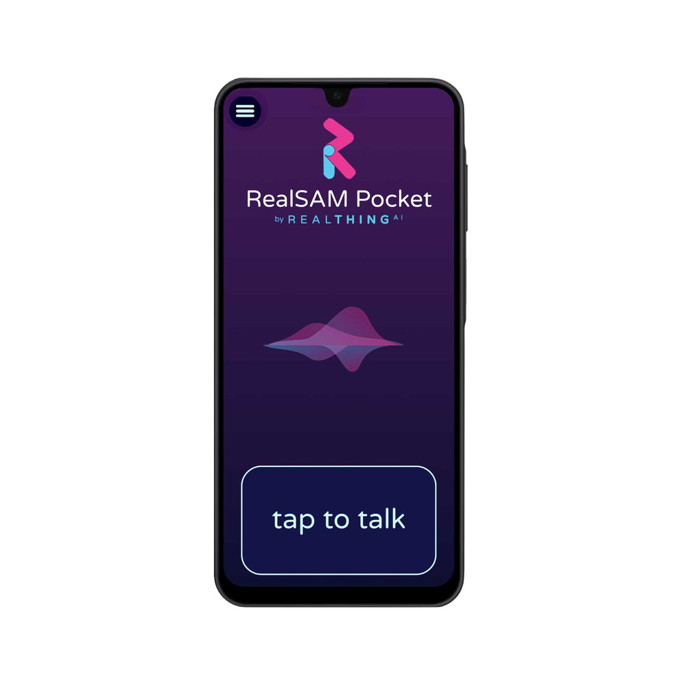 Phone displaying the RealSAM Pocket app interface on a white background