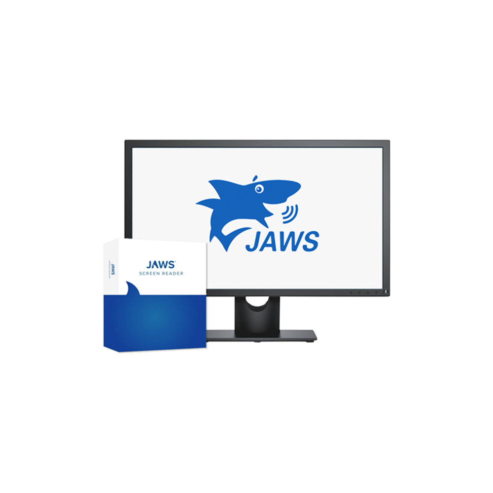 Monitor displaying JAWS logo on a white background
