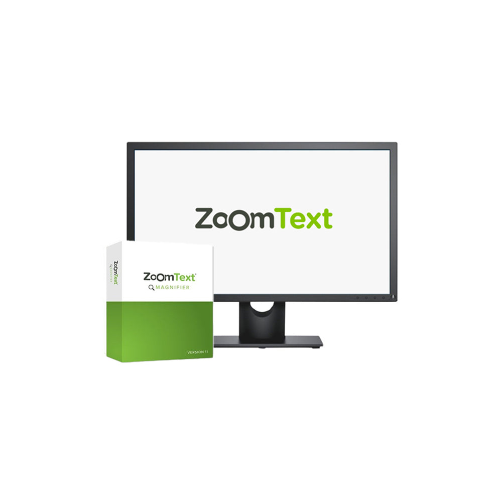 Monitor displaying ZoomText logo with a ZoomText box in the foreground on a white background