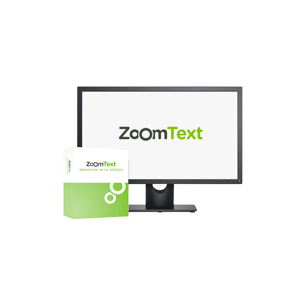 Monitor with ZoomText logo on screen and packaging on a white background