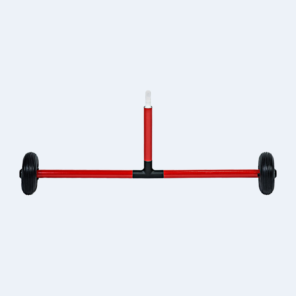 A tip with two outdoor wheels attached to a horizontal bar