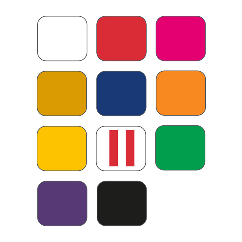 11 coloured squares representing the cane shaft colour options available: White, Red, Pink, Gold, Blue, Orange, Yellow, Red stripes, Green, Purple, Black.