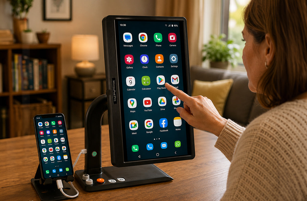 A woman with her back to us uses the large, magnified screen of the MirrorPad Pro to control the Android smartphone that is plugged in to it.