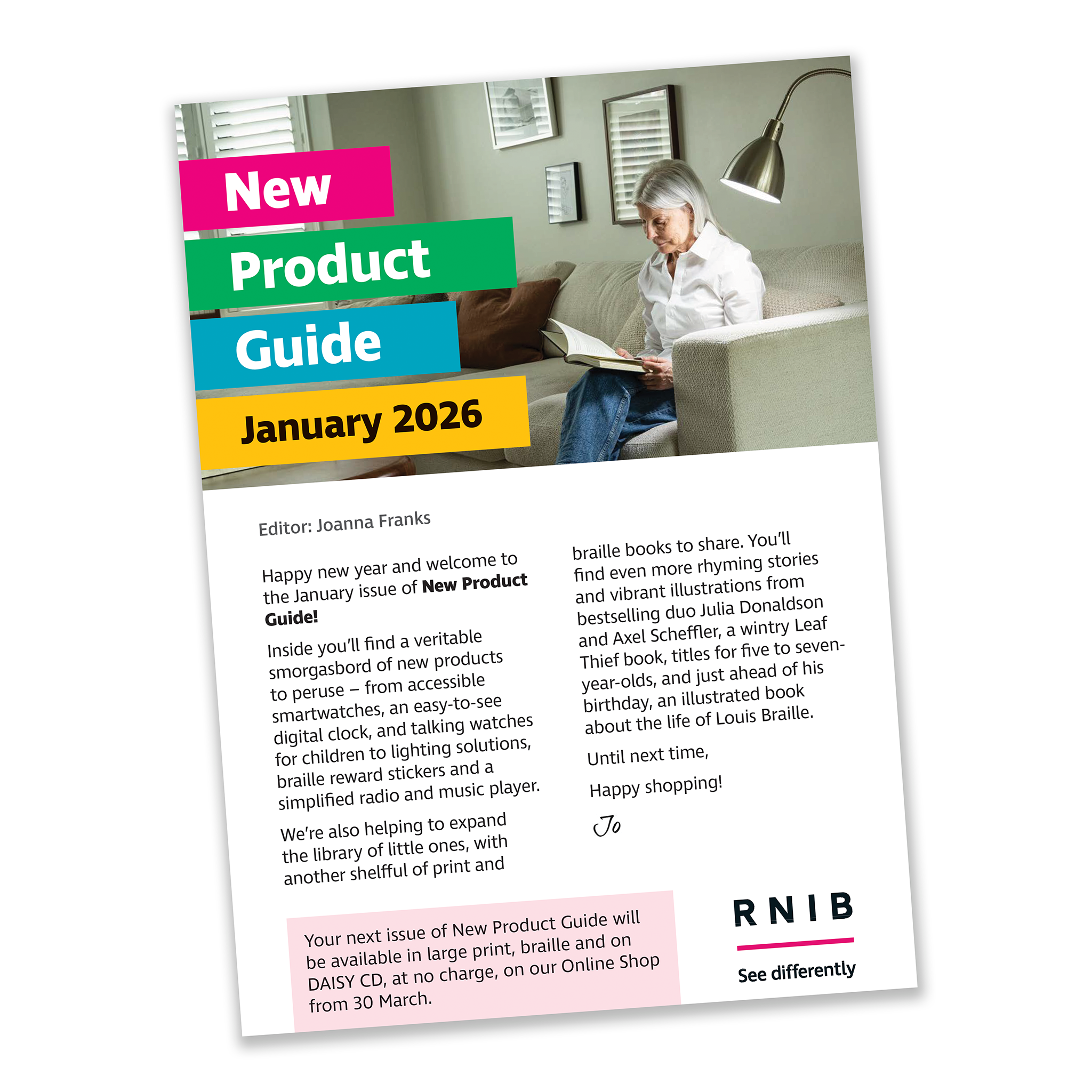 Front cover of January's New Product Guide in large print