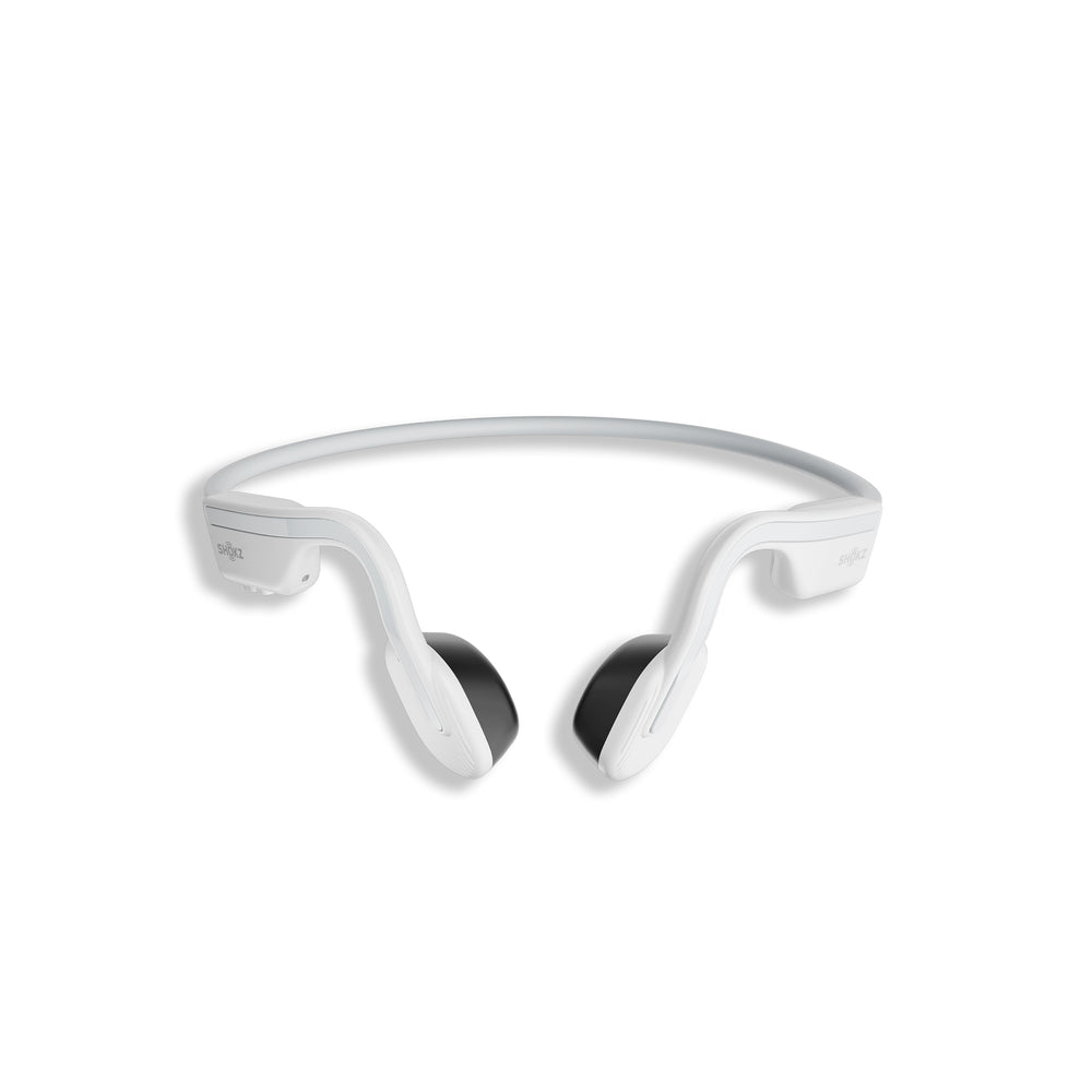 Front view of OpenMove Shokz in white.