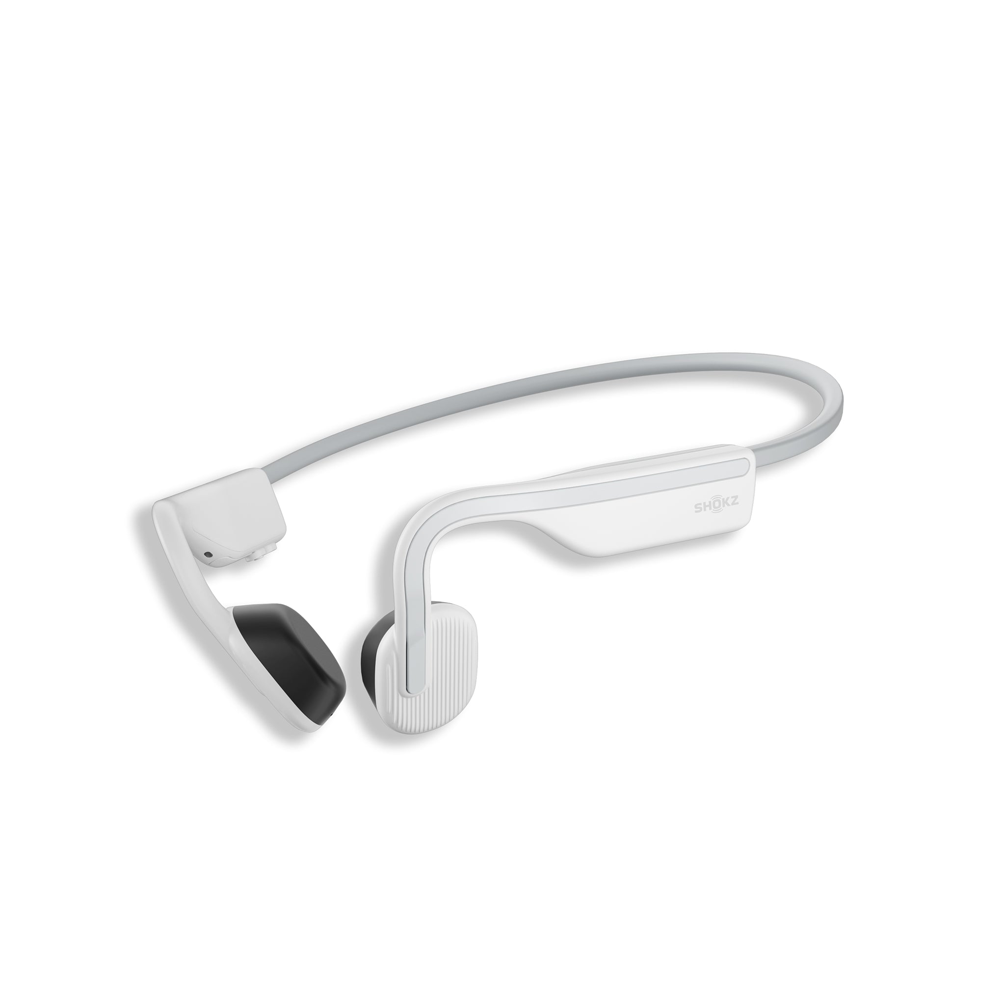 Side view of OpenMove Shokz in white.