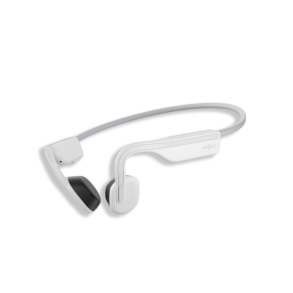 Side view of OpenMove Shokz in white.