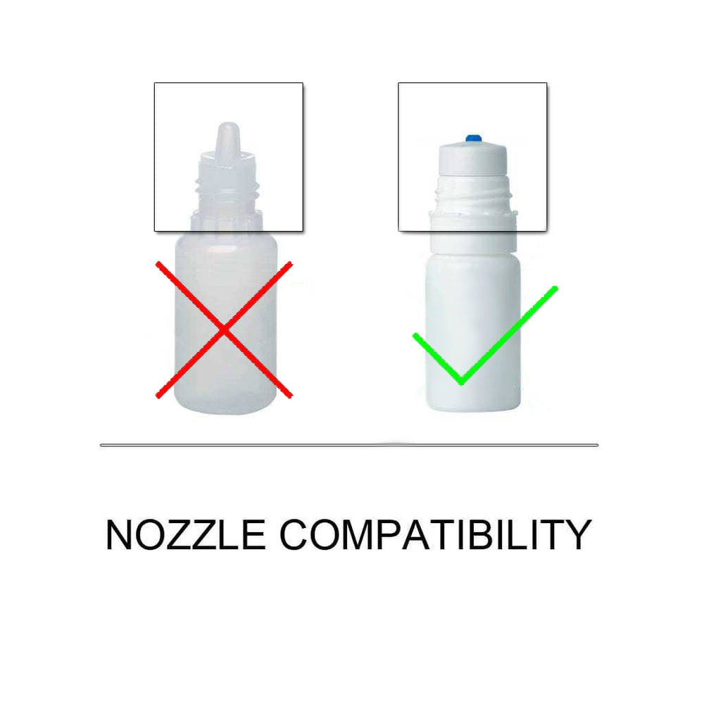 Graphic showing which types of eyedrop bottle are compatible with the dispenser.