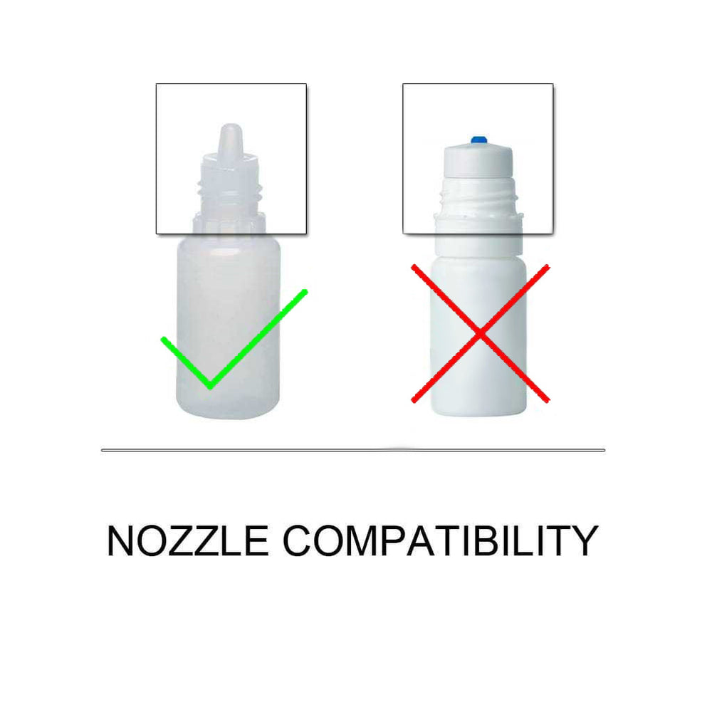 Graphic showing which types of eyedrop bottle are compatible with the dispenser.