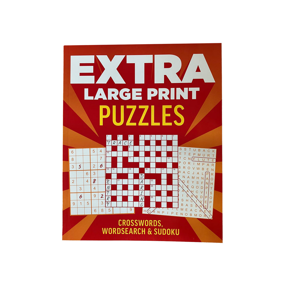 Book cover of 'Extra Large Print Puzzles' with crossword, wordsearch, and Sudoku on a red and orange background.
