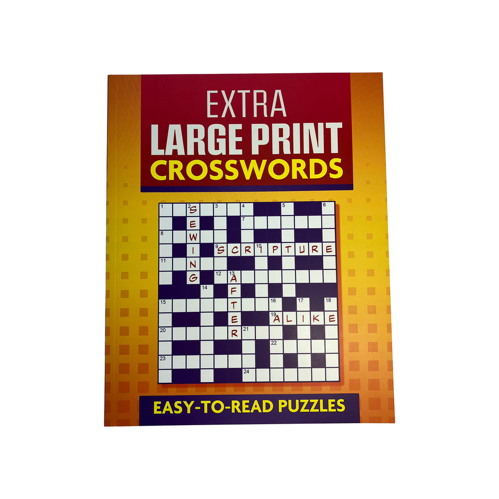 Book cover of 'Extra Large Print Crosswords' with a crossword puzzle on a yellow background.