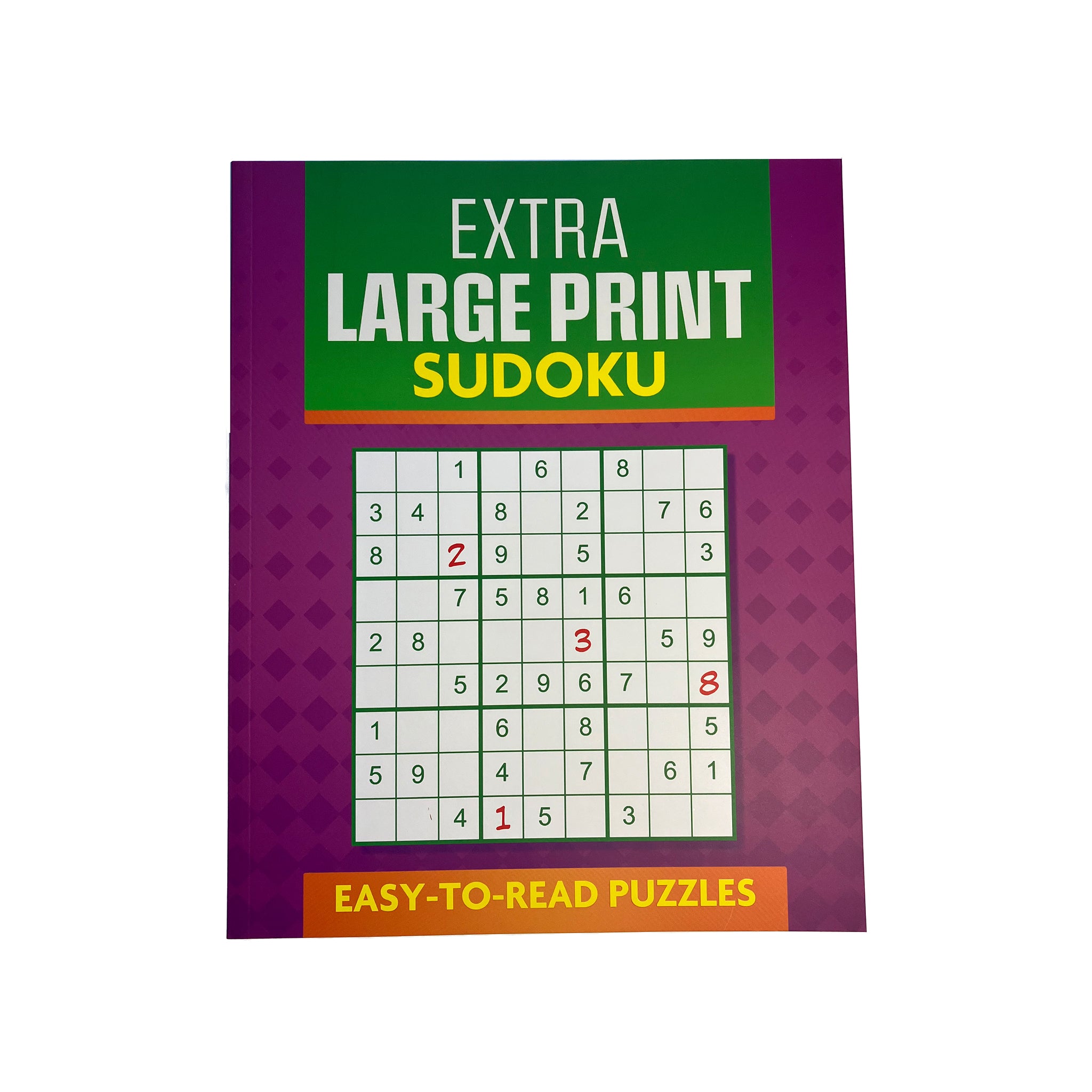 Sudoku book with large print and colorful cover on a white background