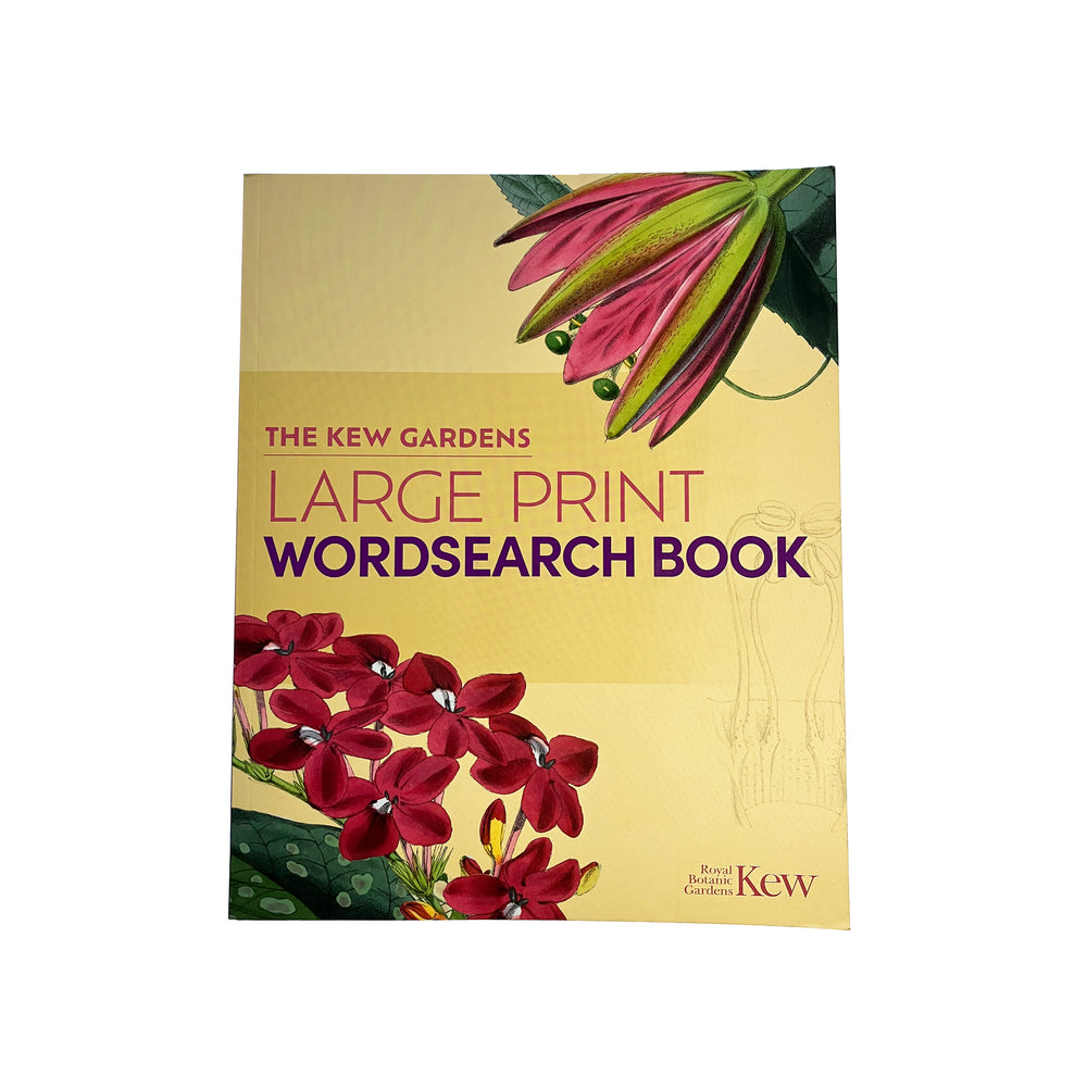 Book cover of 'The Kew Gardens Large Print Wordsearch Book' with floral design on a beige background