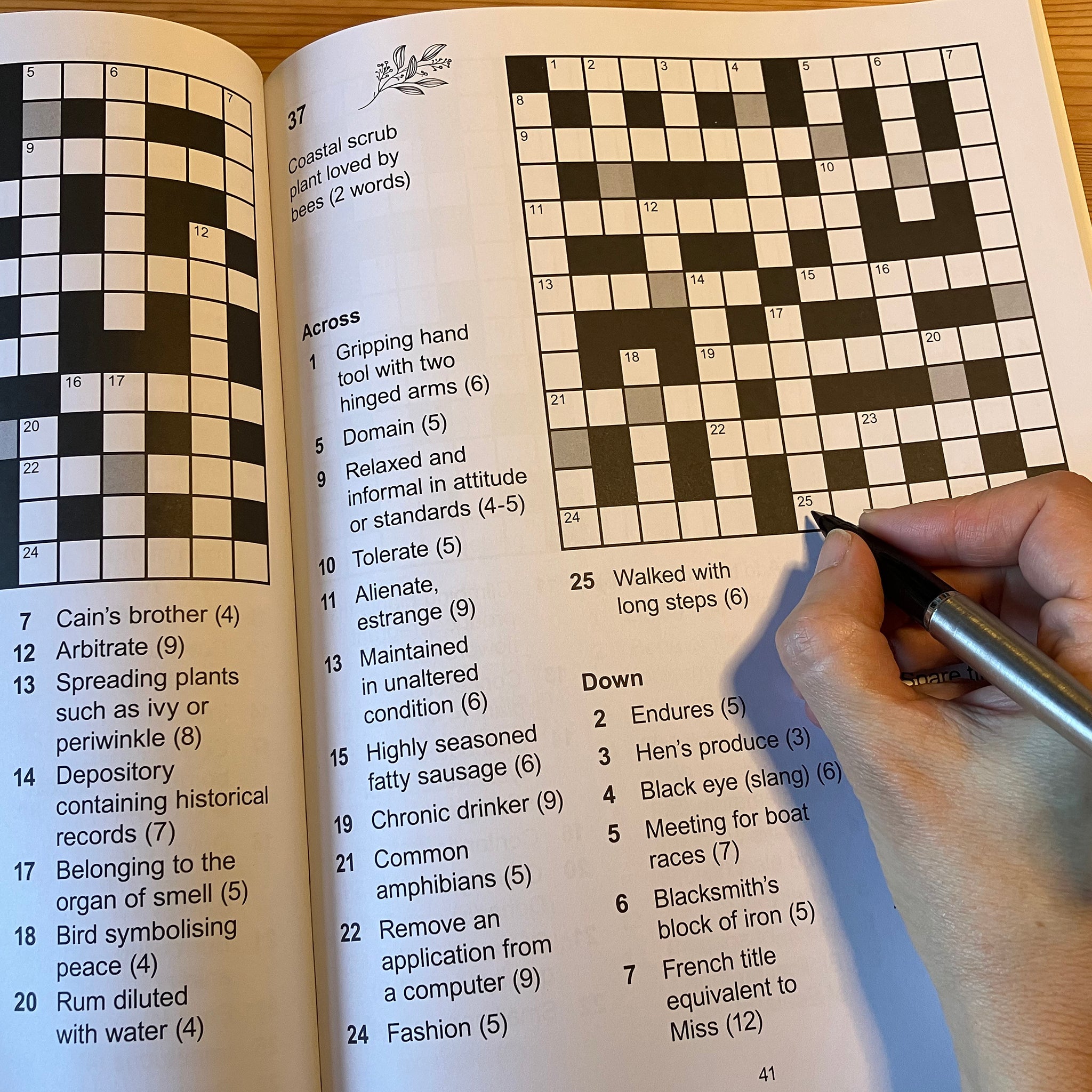 Crossword puzzle book with a hand holding a pen, partially filled in