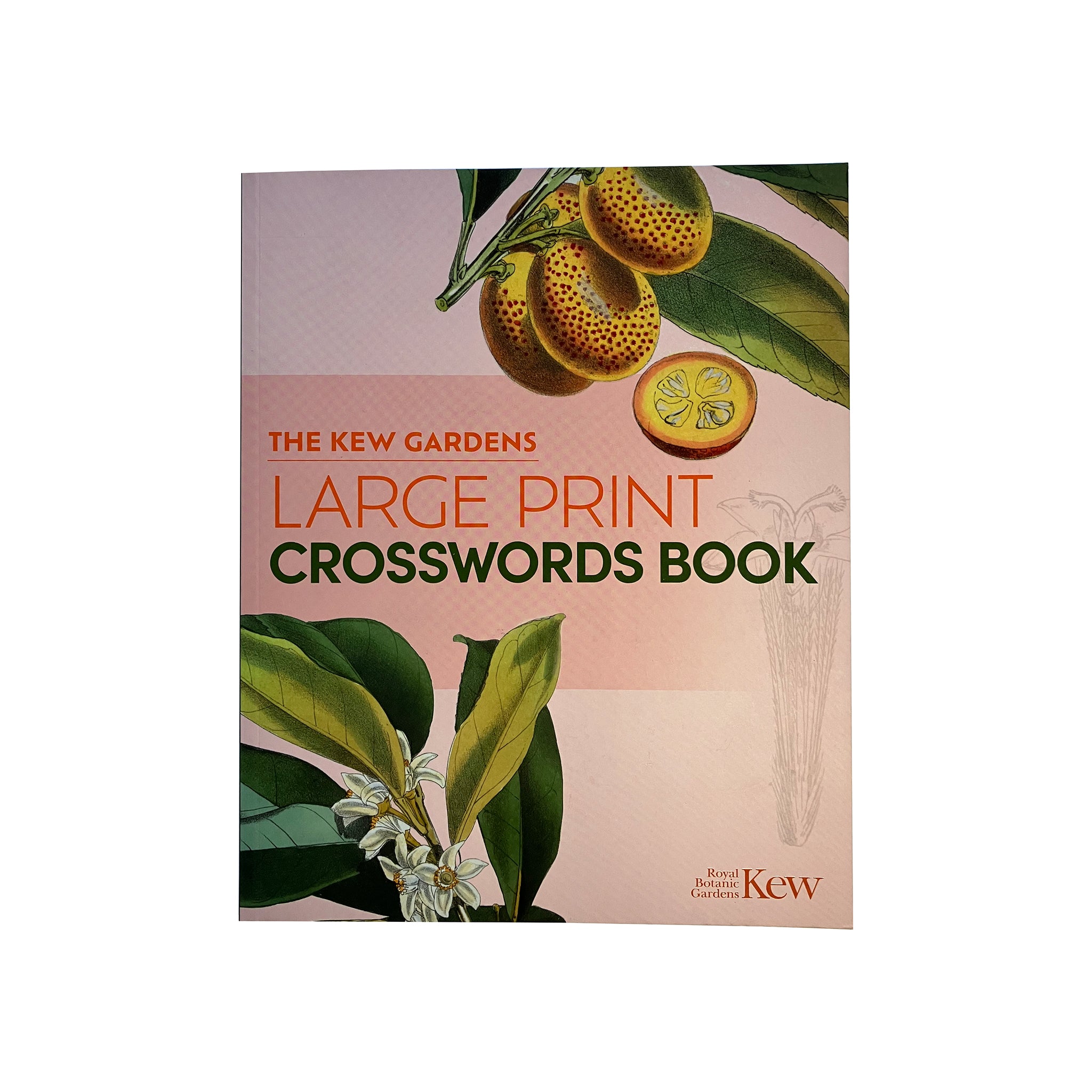 Book cover of 'The Kew Gardens Large Print Crosswords Book' with botanical illustrations on a light pink background.