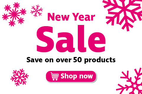 Text in bright pink reads 'New Year sale'. Black text contines 'Save on over 50 products' with a 'shop now' button beneath. Around the text are several bright pink graphics of snowflakes.