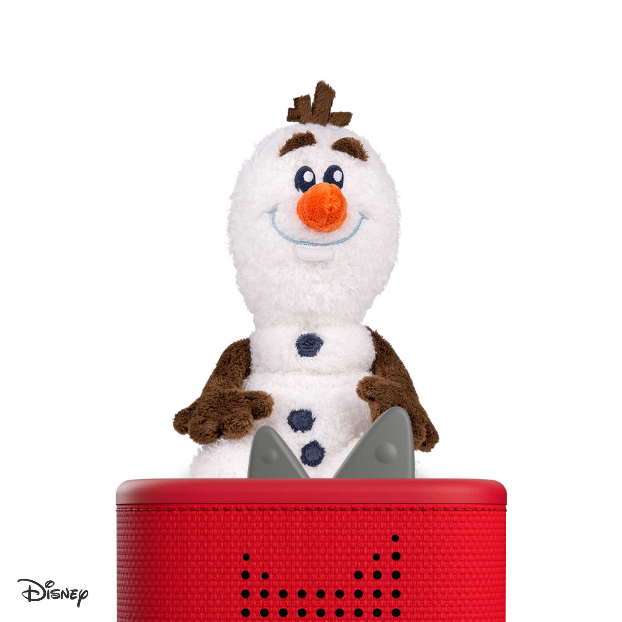 Plush toy resembling a snowman with a red base on a white background