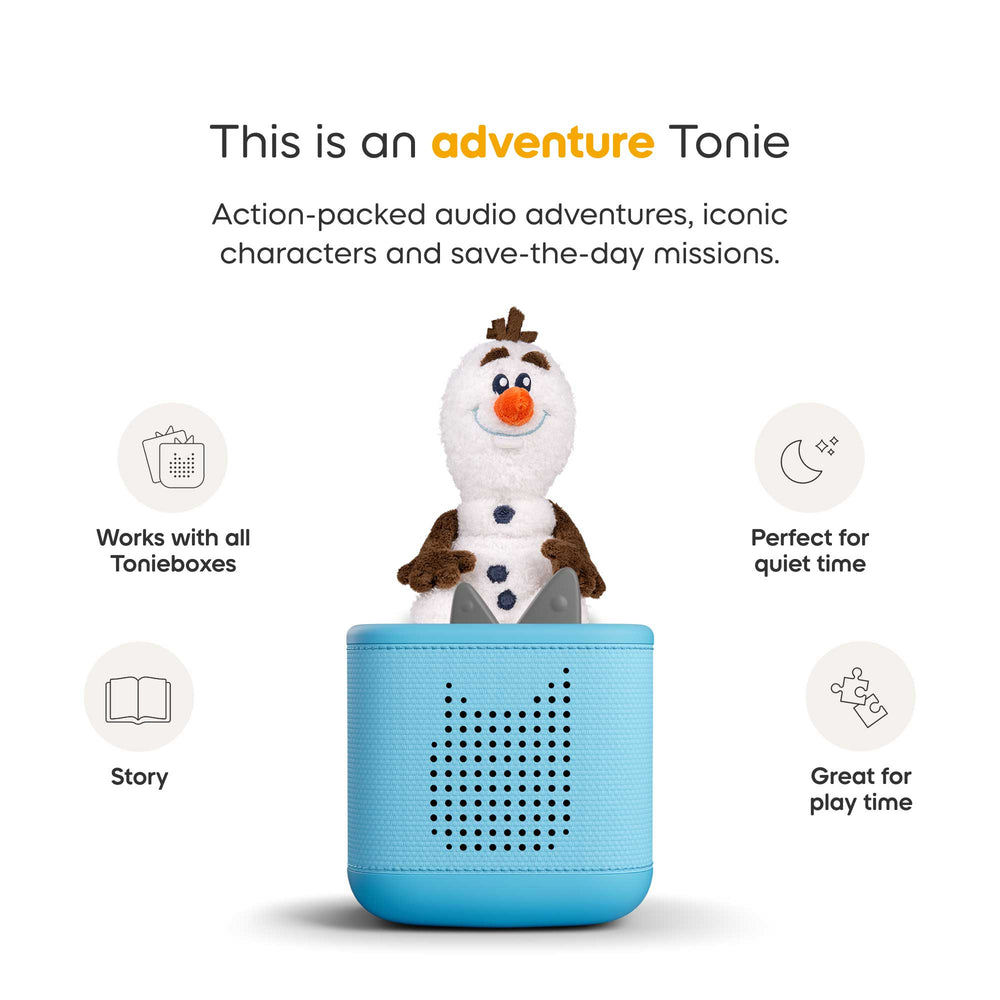 Tonie toy with character on top and text about Tonie's features on a white background