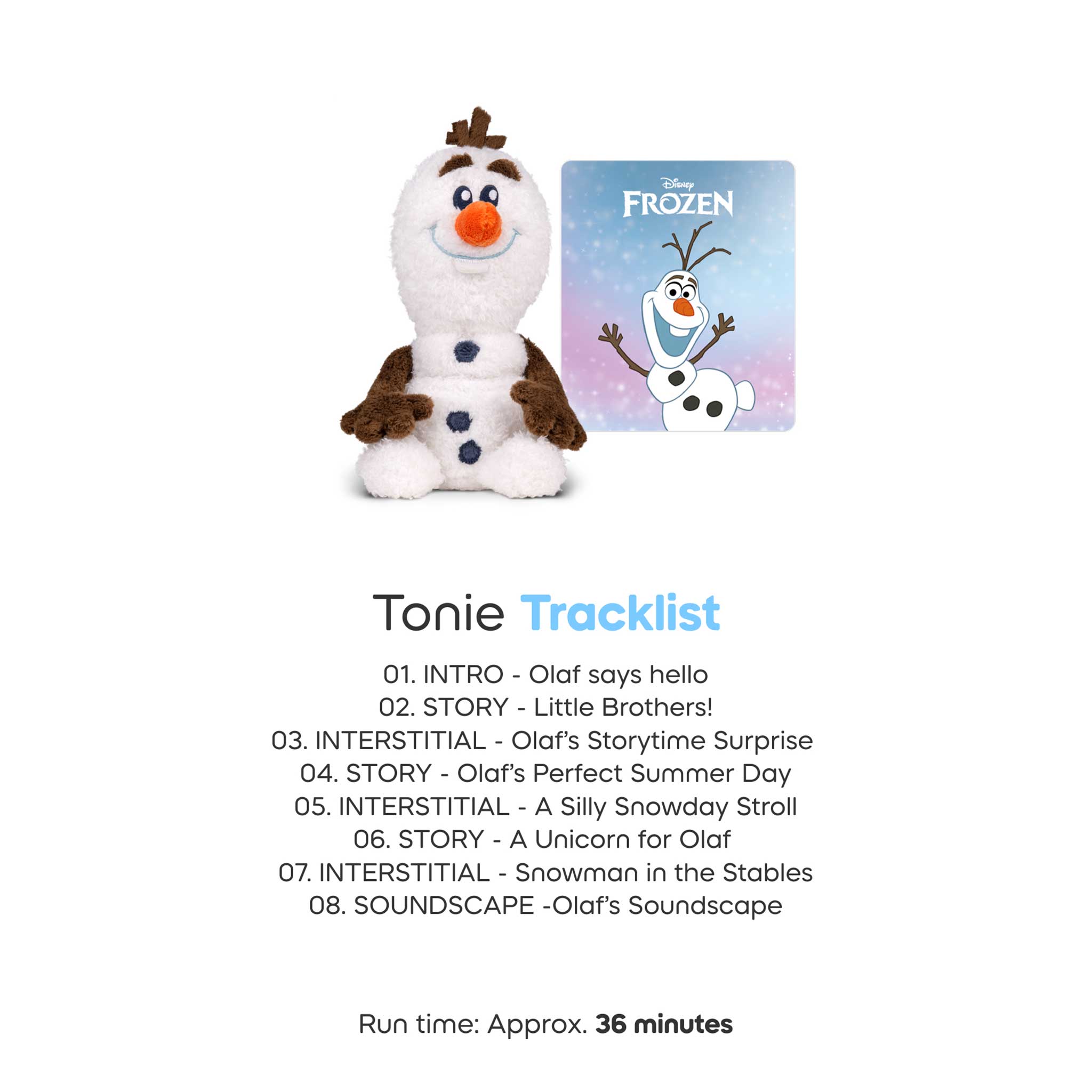 Plush toy resembling a character from 'Frozen' with a tracklist on a white background