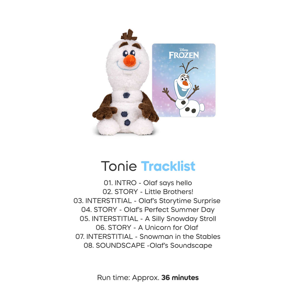 Plush toy resembling a character from 'Frozen' with a tracklist on a white background