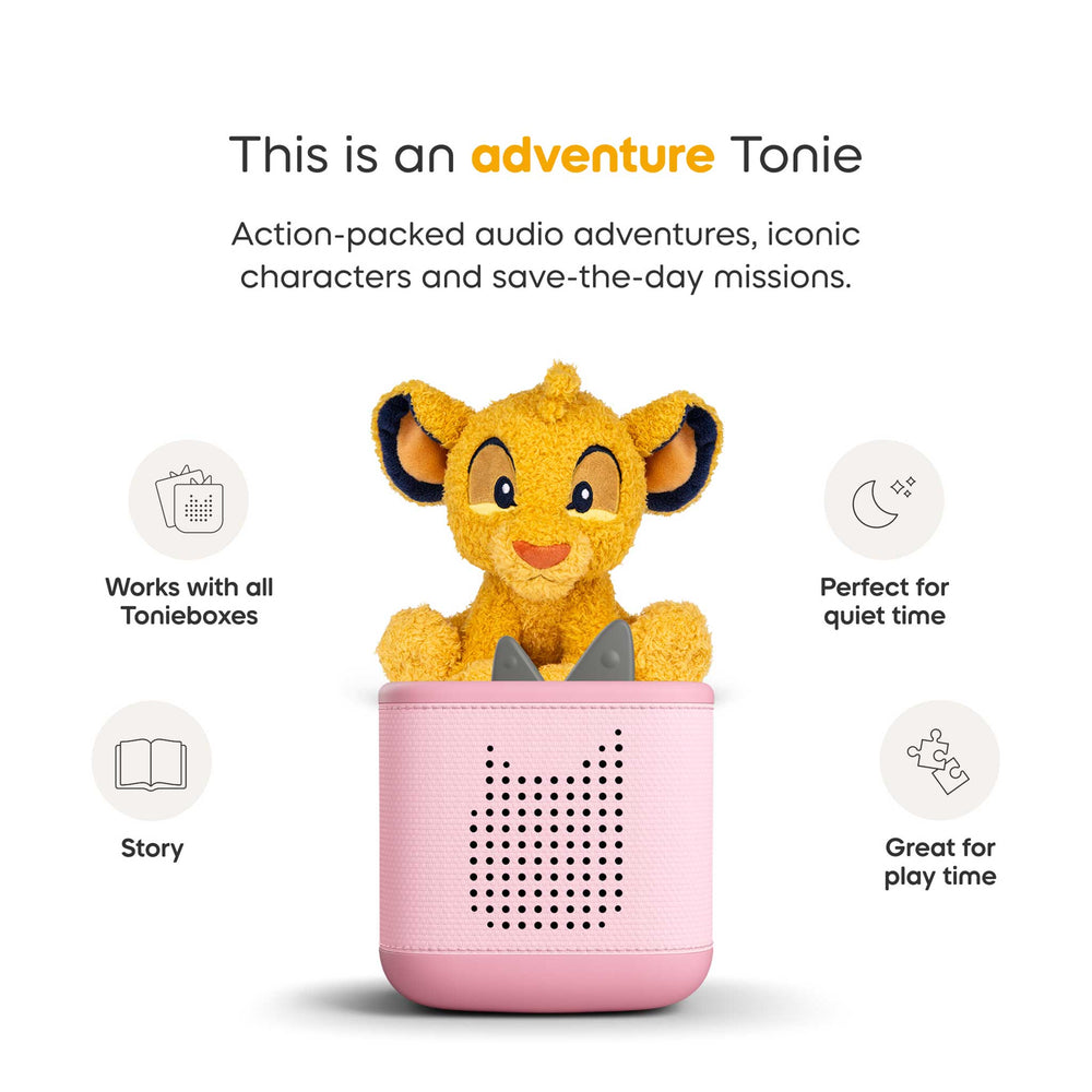 Toy with pink base and lion character, labeled 'adventure Tonie' on a white background.