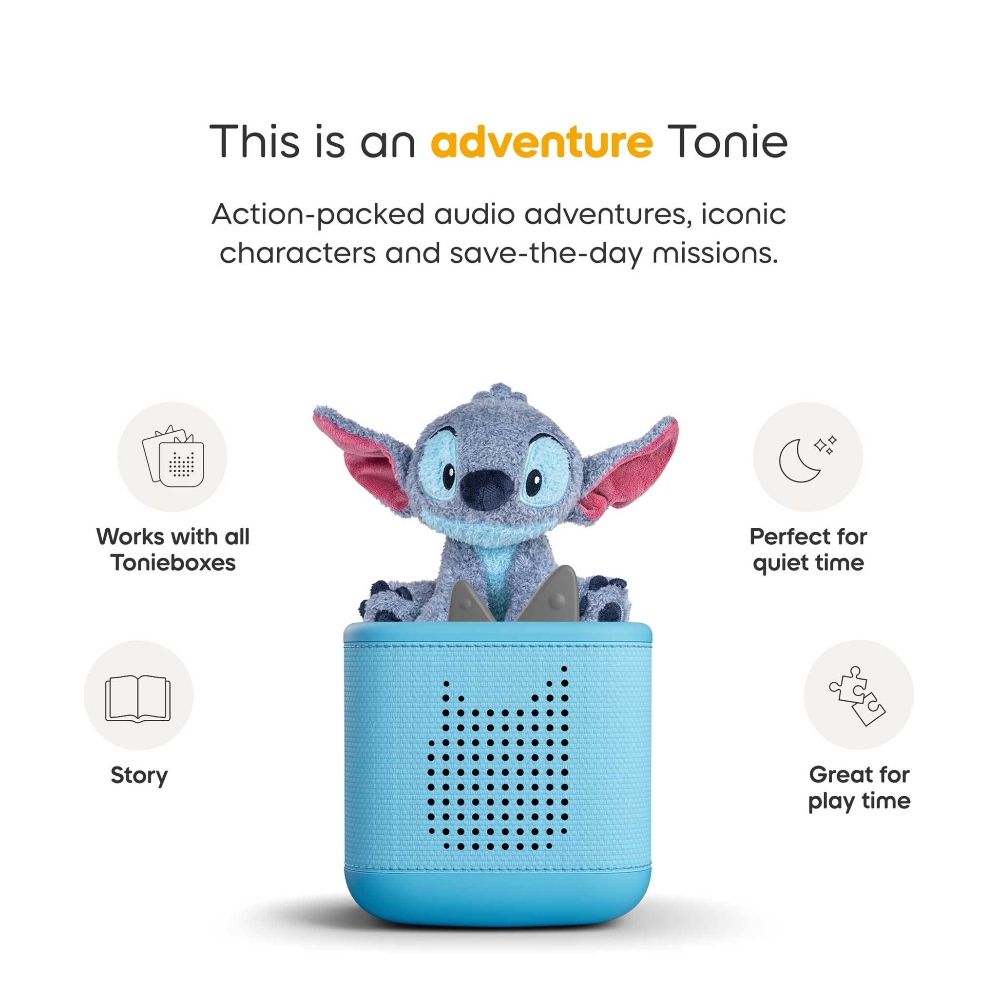 Toy with a blue base and character on top, featuring text about adventure Tonie and its features.