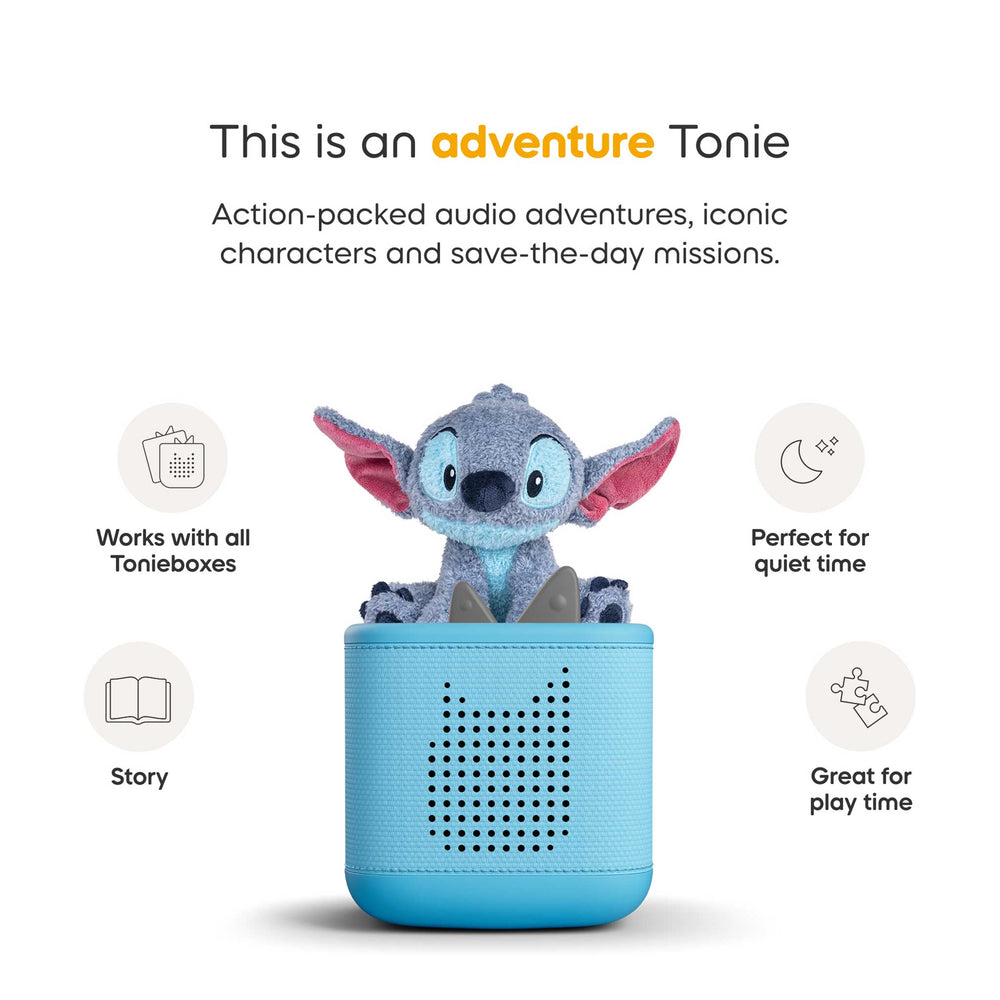 Toy with a blue base and character on top, featuring text about adventure Tonie and its features.