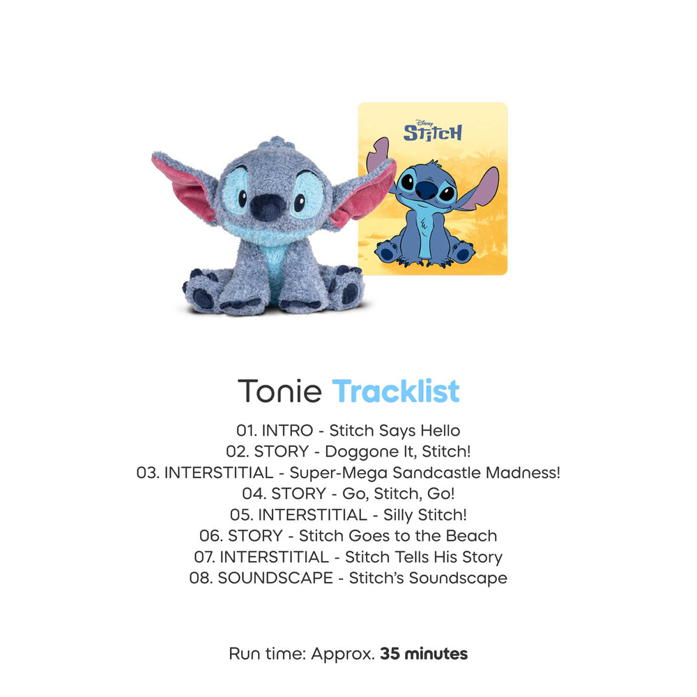 Stitch toy with Tonie tracklist on a white background