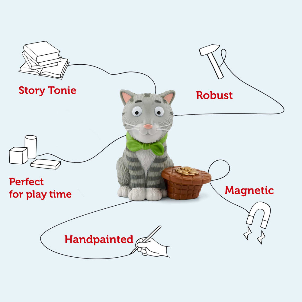 Cat-shaped toy with features listed on a light gray background