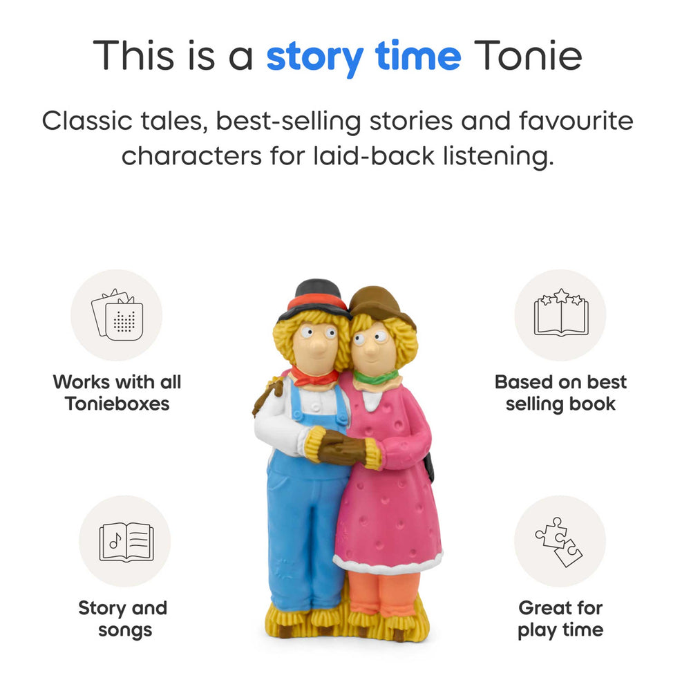 Toy figure of two characters with text about 'Story Time Tonie' on a white background