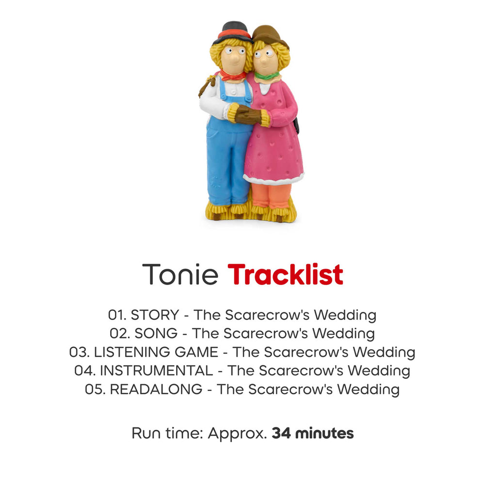 Tonie figure with a tracklist for 'The Scarecrow's Wedding' on a white background