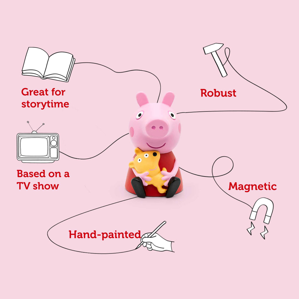 Pink toy pig with a yellow fish, surrounded by text on a pink background