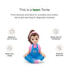 Toy figure with text about learning features on a white background