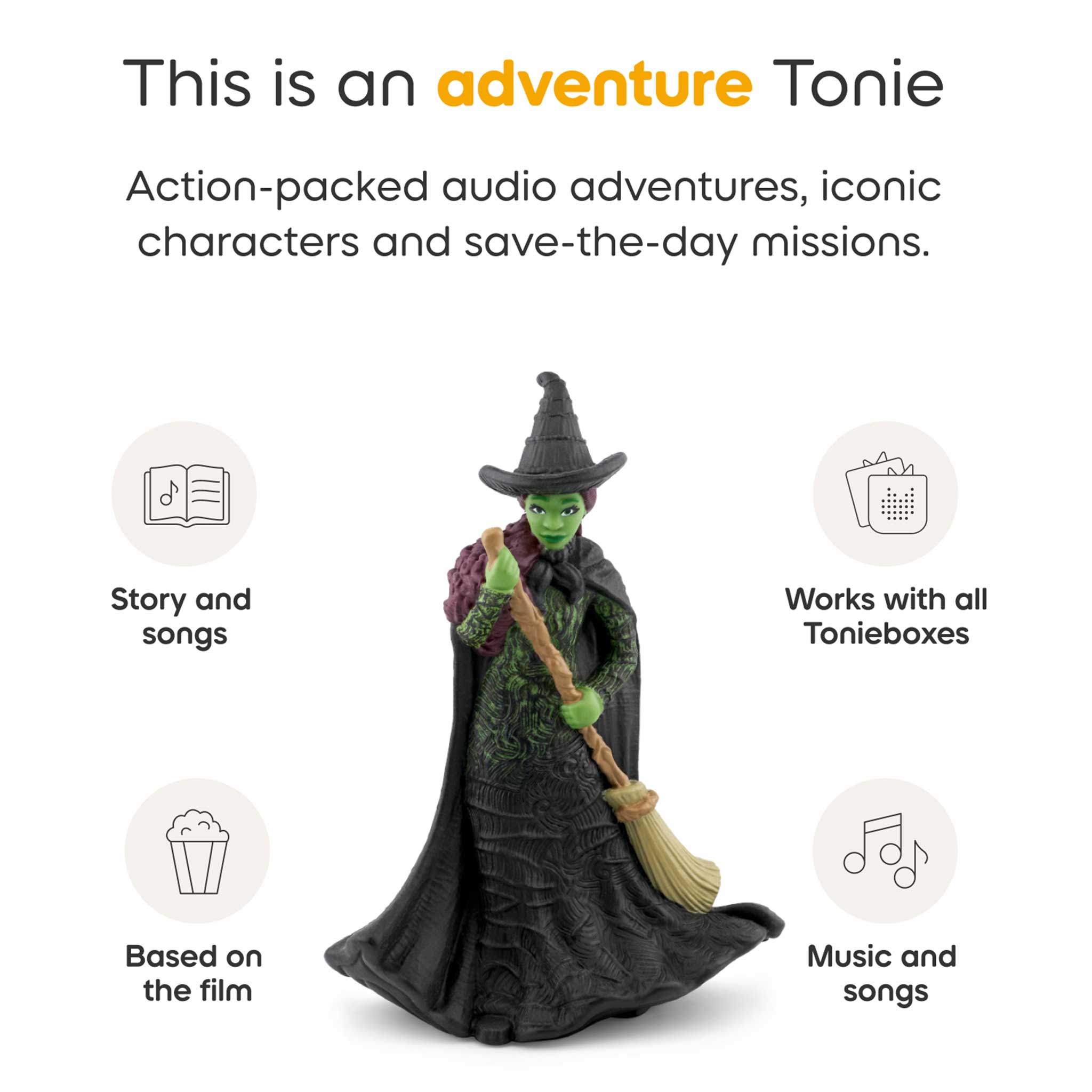 Tonie character with broom and witch hat on a white background, featuring text about adventure Tonies.