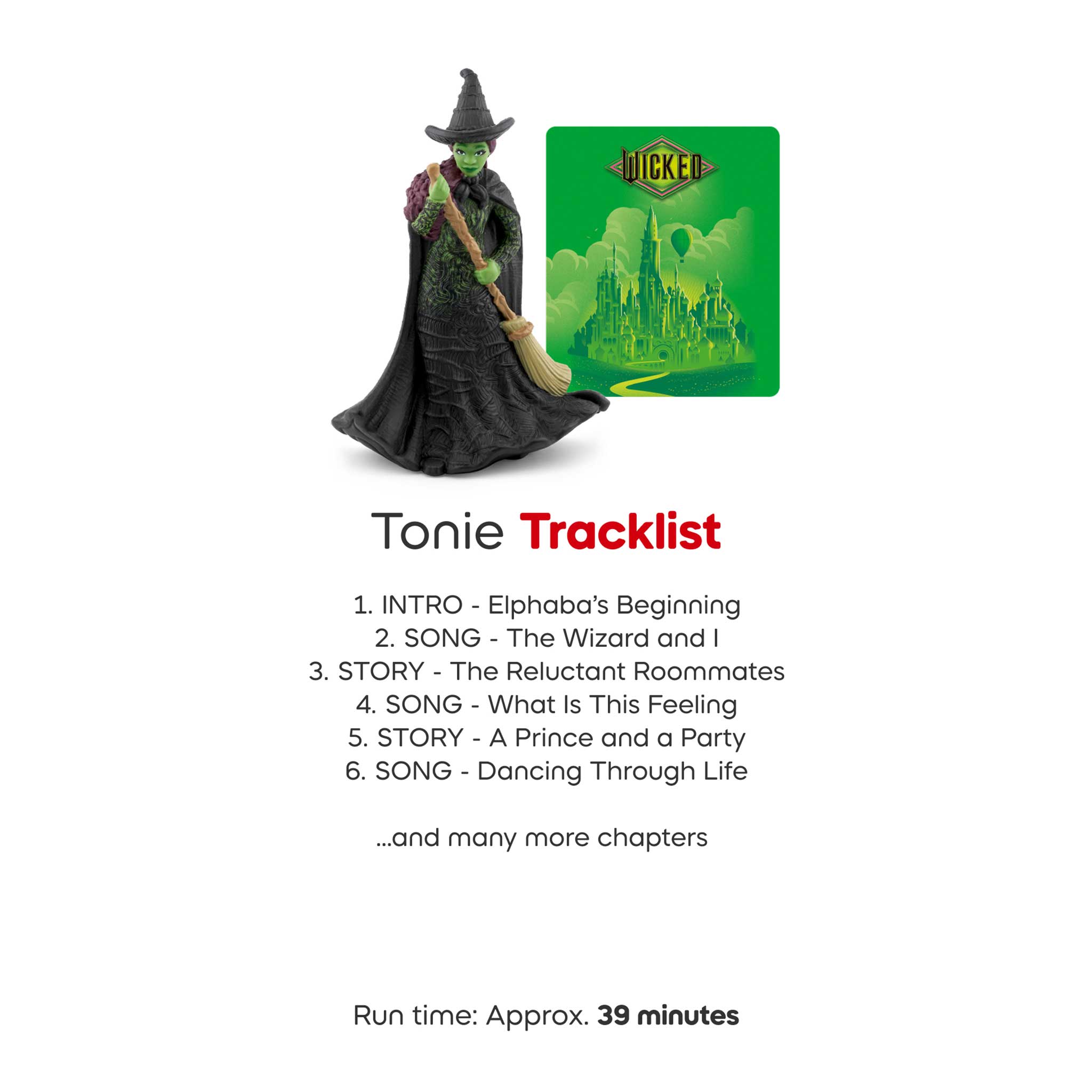 Toy figure of a witch with a broom and a 'Wicked' themed card on a white background.