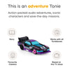 Toy car with text about adventure Tonie, story, iconic characters, and TV show references on a white background.