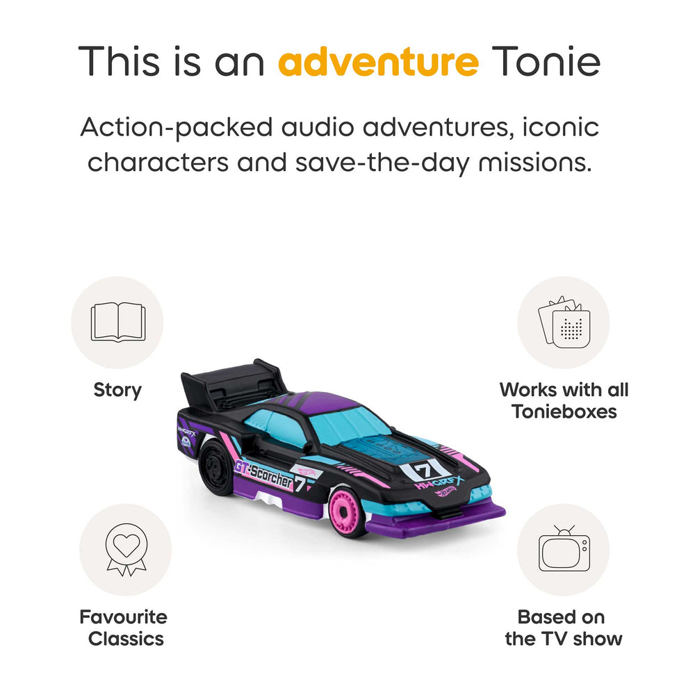 Toy car with text about adventure Tonie, story, iconic characters, and TV show references on a white background.