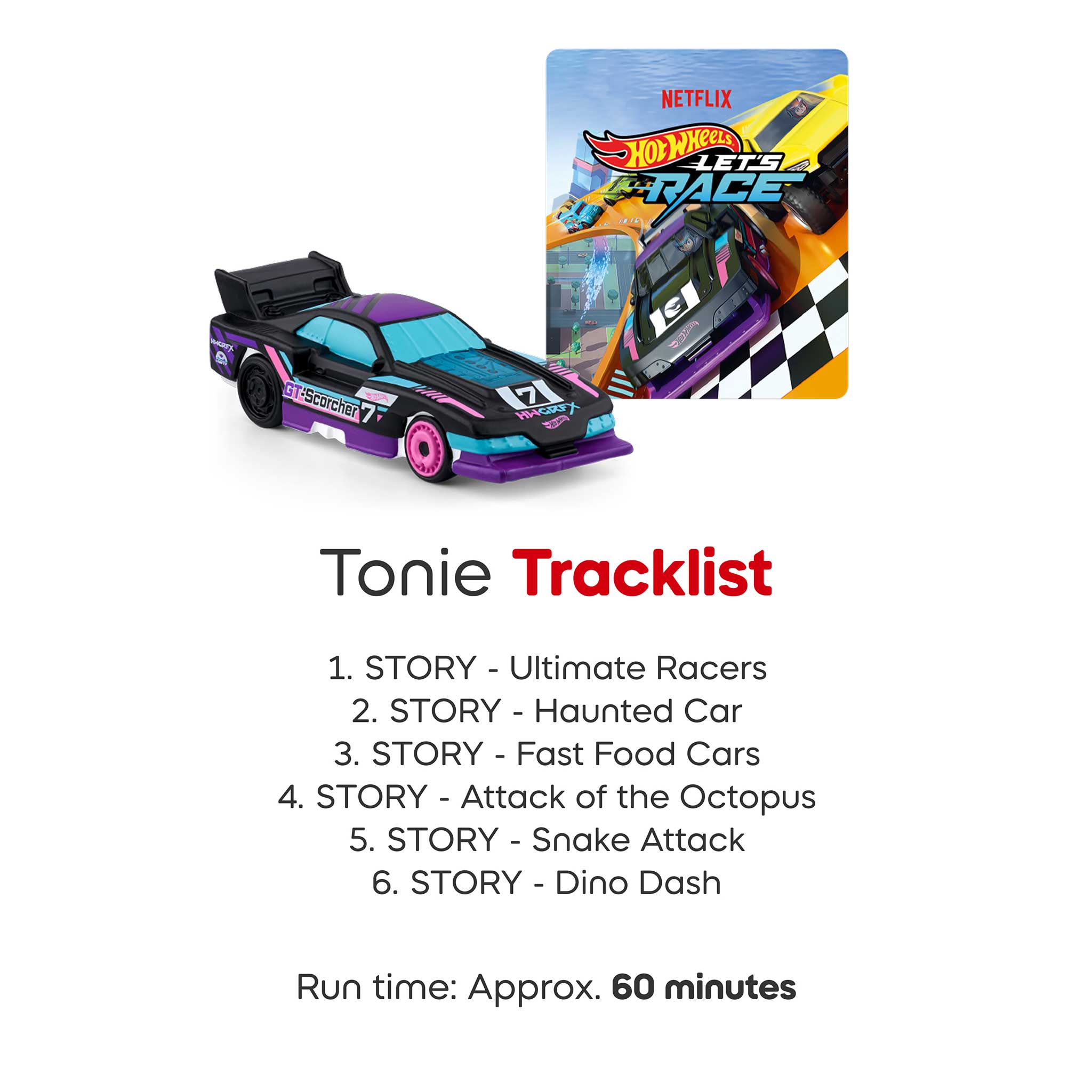 Hot Wheels toy car with a Netflix card and Tonie Tracklist on a white background