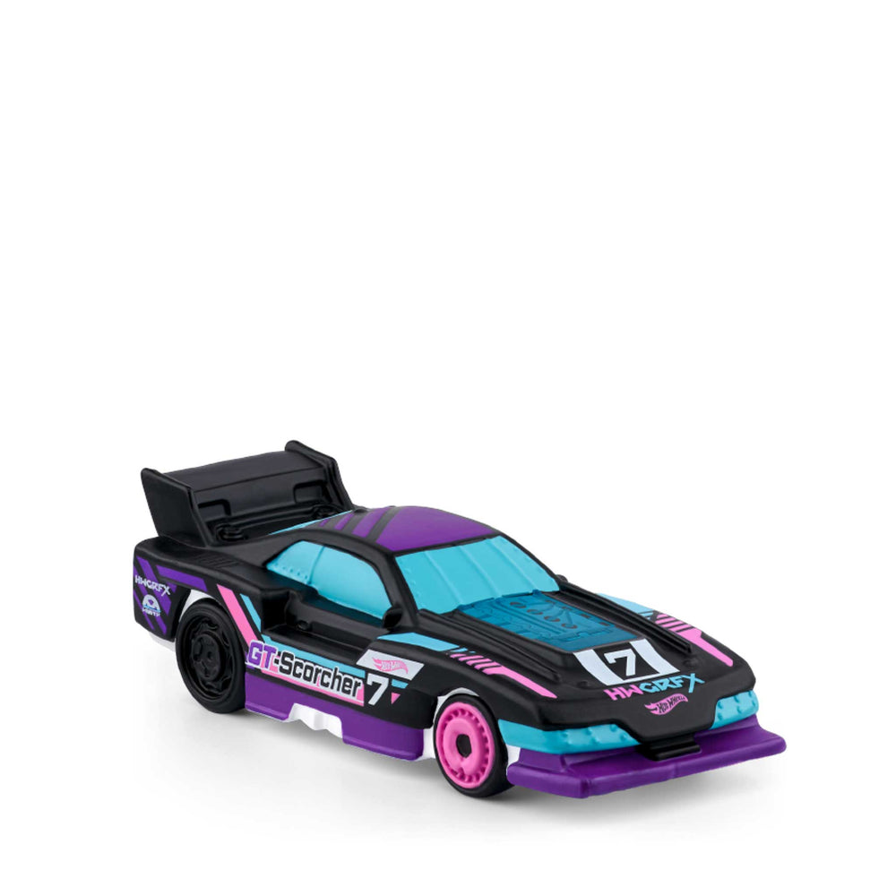 Toy car with a futuristic design on a white background