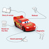 Red toy car with features listed on a light gray background