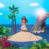 Toy figure of a character standing on a small island with palm trees and rocks in the background.