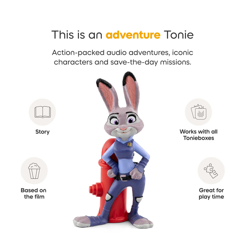 Toy figure with text about adventure Tonie, story, film adaptation, and compatibility with Tonie boxes.