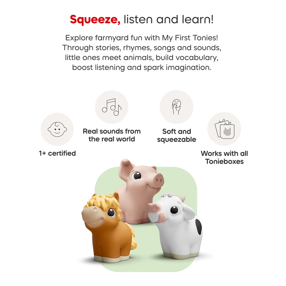 Three animal figurines with text about a product called 'My First Tonies' on a white background.