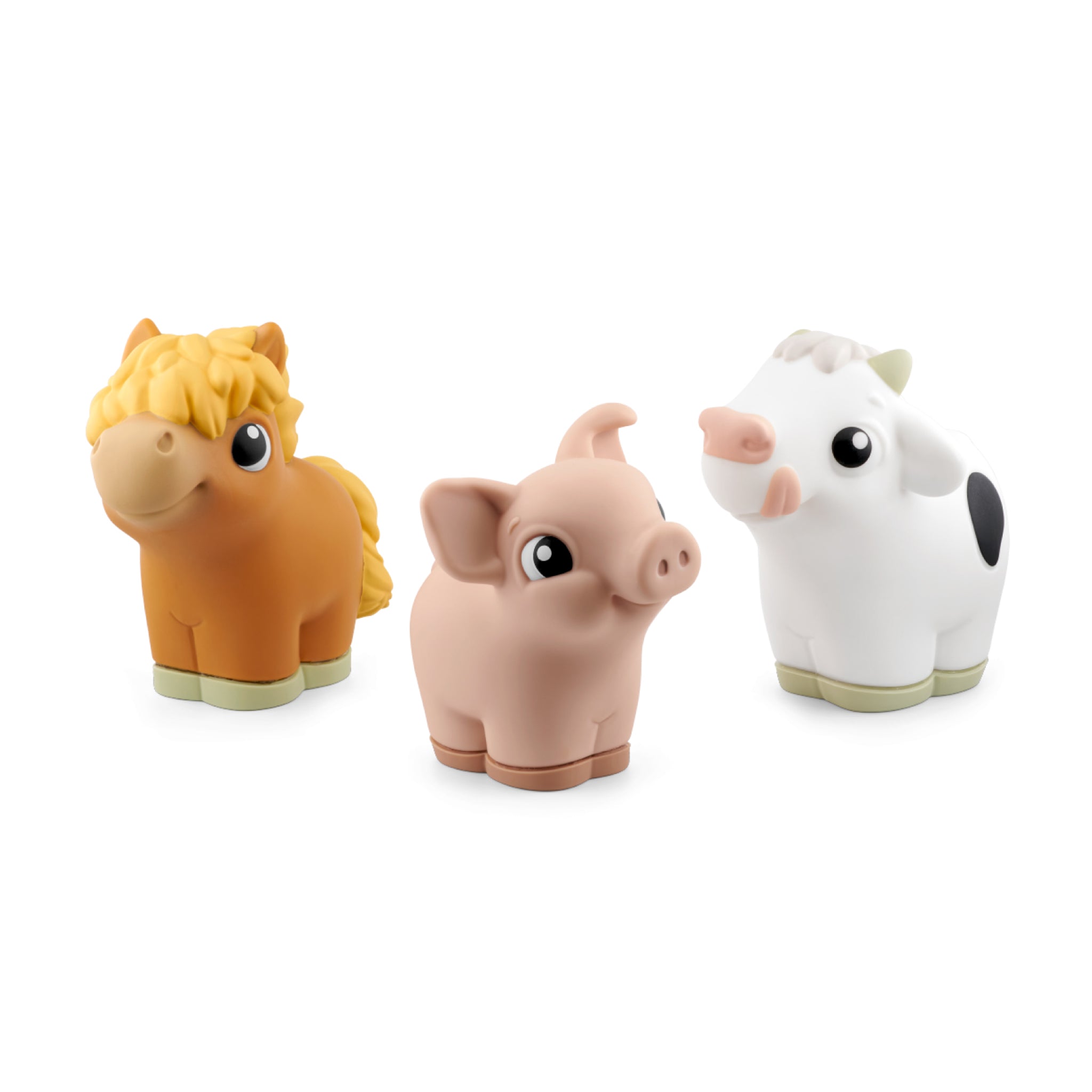 Three animal figurines: a horse, a pig, and a cow, on a white background